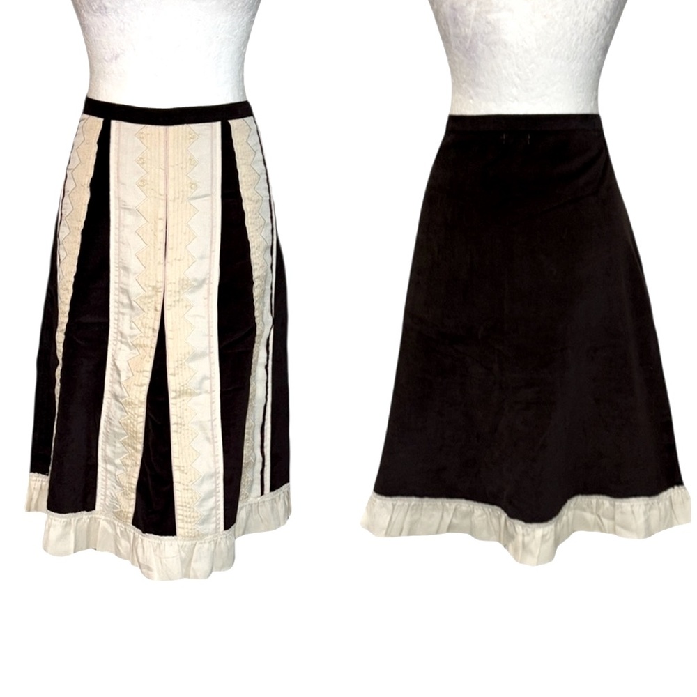Anthropologie Odille Black Velvet Cream Ribbon Ruffle Hem A-Line Midi Skirt - 10